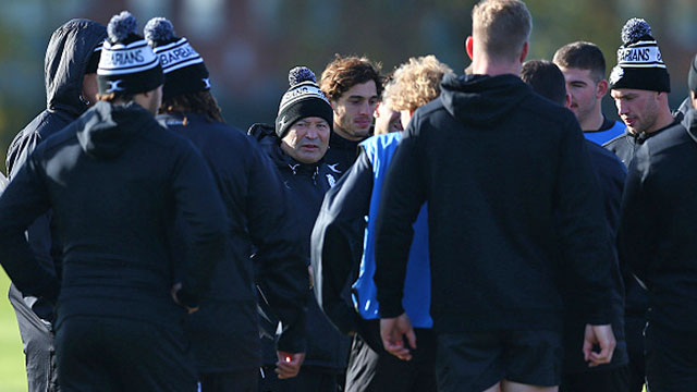 Barbarians head coach Eddie Jones talks to his players during training session