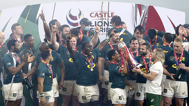 South Africa players celebrate after winning Lions series