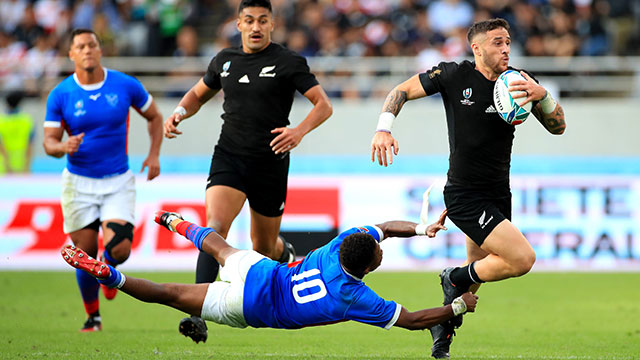 TJ Perenara breaks through to score New Zealand's eleventh try against Namibia in World Cup match